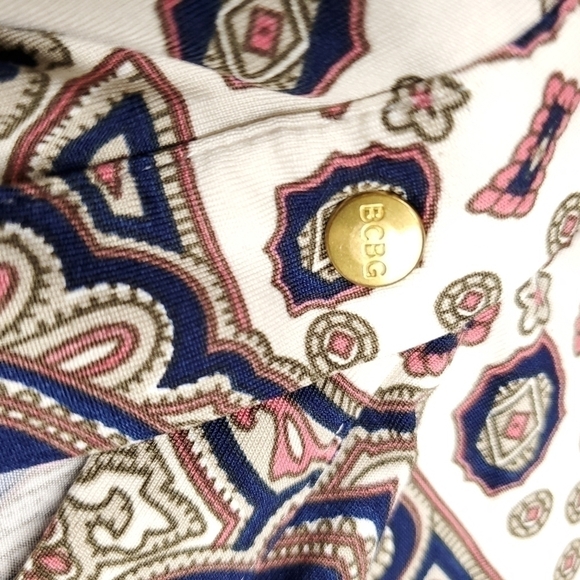 BCBGMAXAZRIA Cream Red Paisley Print Button Down Poly Tunic Top Sz L - Picture 5 of 11